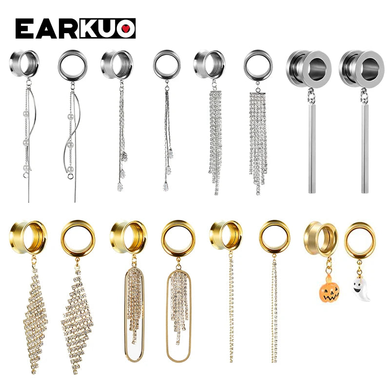 EARKUO Popular Stainless Steel Square Bar Chains Dangle Ear Plugs Piercing Gauges Tunnels Body Jewelry Earring Stretchers 2PCS